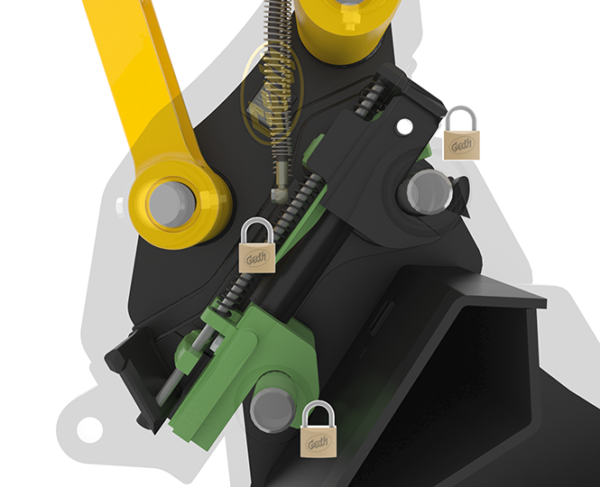 Geith G4 safety locks securing excavator attachment