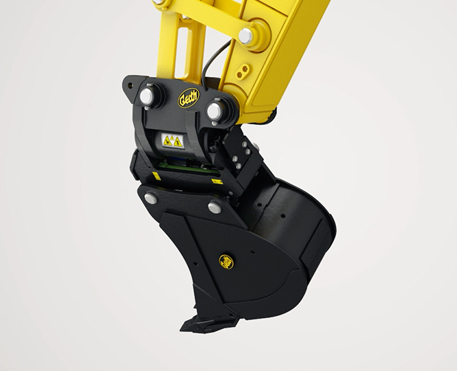 Tilting Quick Coupler with Bucket in reverse on Excavator